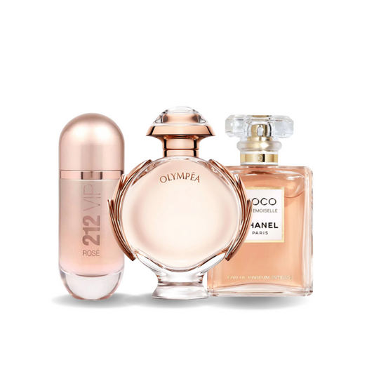 Combo de 3 perfumes Carolina Herrera 212 VIP ROSÉ, Paco Rabanne OLYMPÉA e Chanel COCO MADEMOISELLE