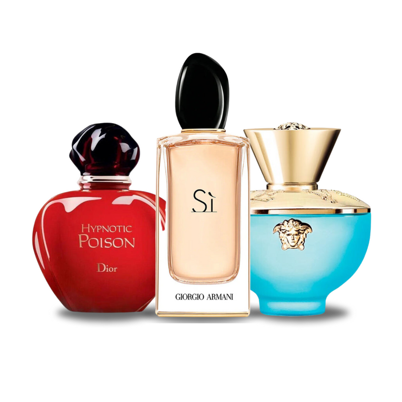 Combo de 3 perfumes Dior HYPNOTIC POISON, Giorgio Armani SÌ e Versace DYLAN TURQUOISE 100ml